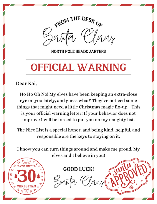 Official Warning Letter From Santa